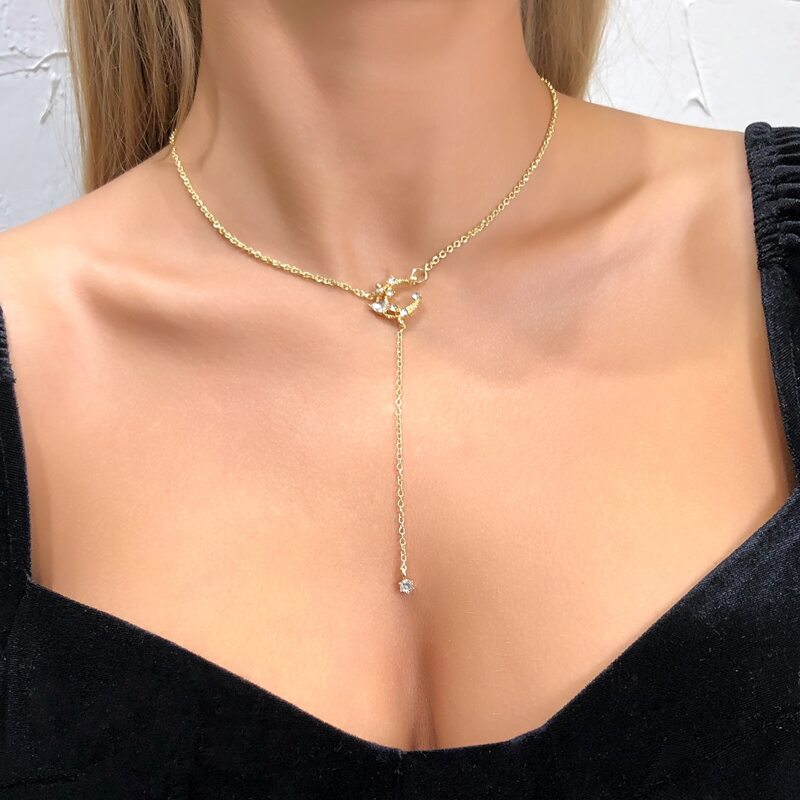 

Rhinestone Moon Charm Necklace, Gold