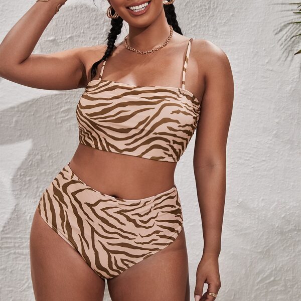 

Plus Zebra Stripe High Waisted Bikini Swimsuit, Multicolor