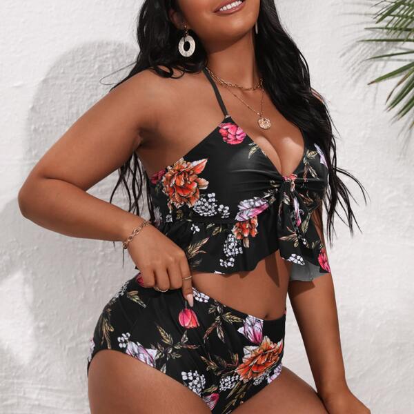 

Plus Floral Knot Front Ruffle Hem Bikini Swimsuit, Multicolor