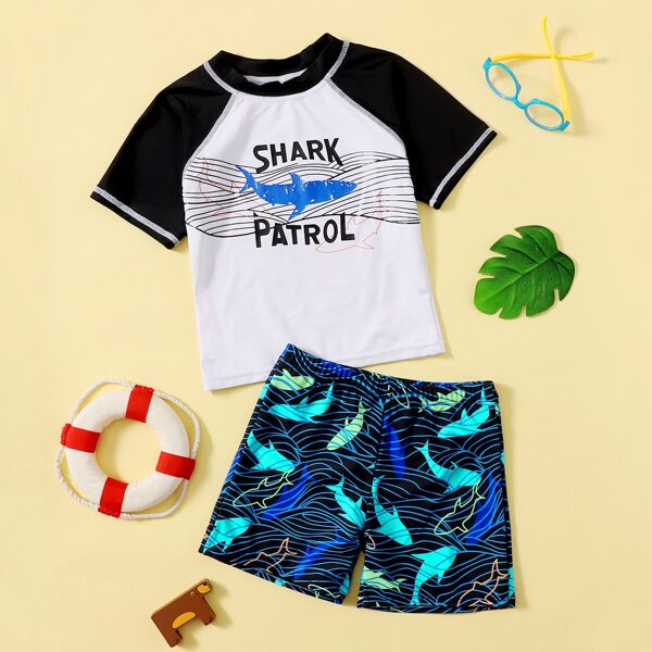 

Boys Shark Print Two Piece Swimsuit, Multicolor