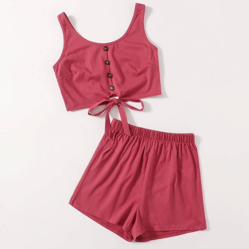 

Solid Button Front Knot Tank Top & Shorts, Rose red