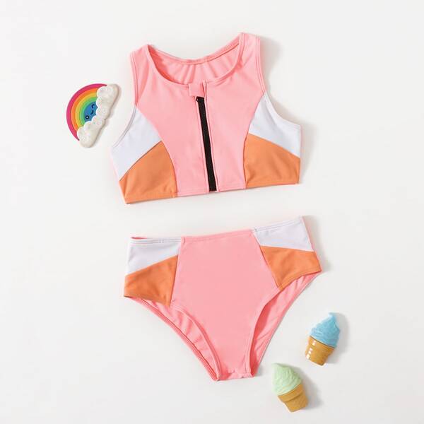 

Girls Color Block Zip-up Bikini Swimsuit, Multicolor