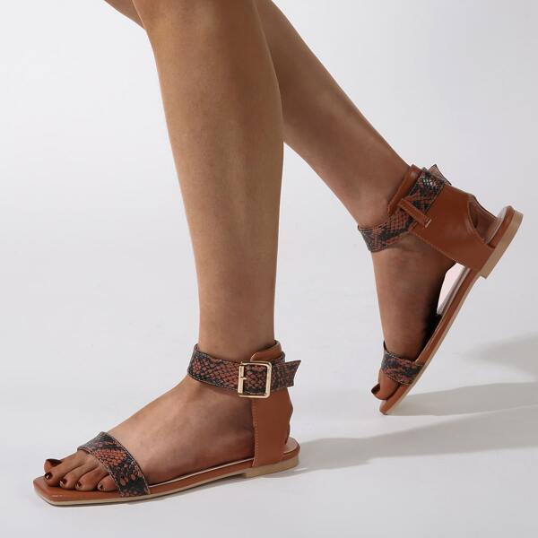 

Snakeskin Print Flat Sandals, Brown
