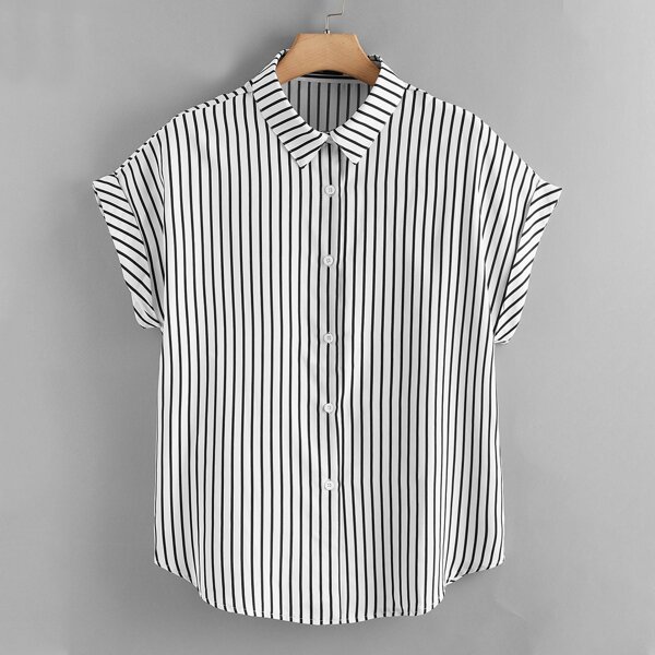 

Plus Striped Print Button Front Blouse, Black and white