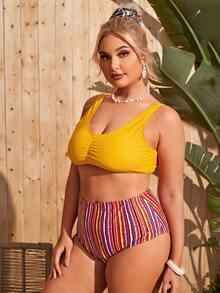 Conjunto de bikini a rayas con drapeado en talla grande para playa de verano - Multicolor - Ver 4