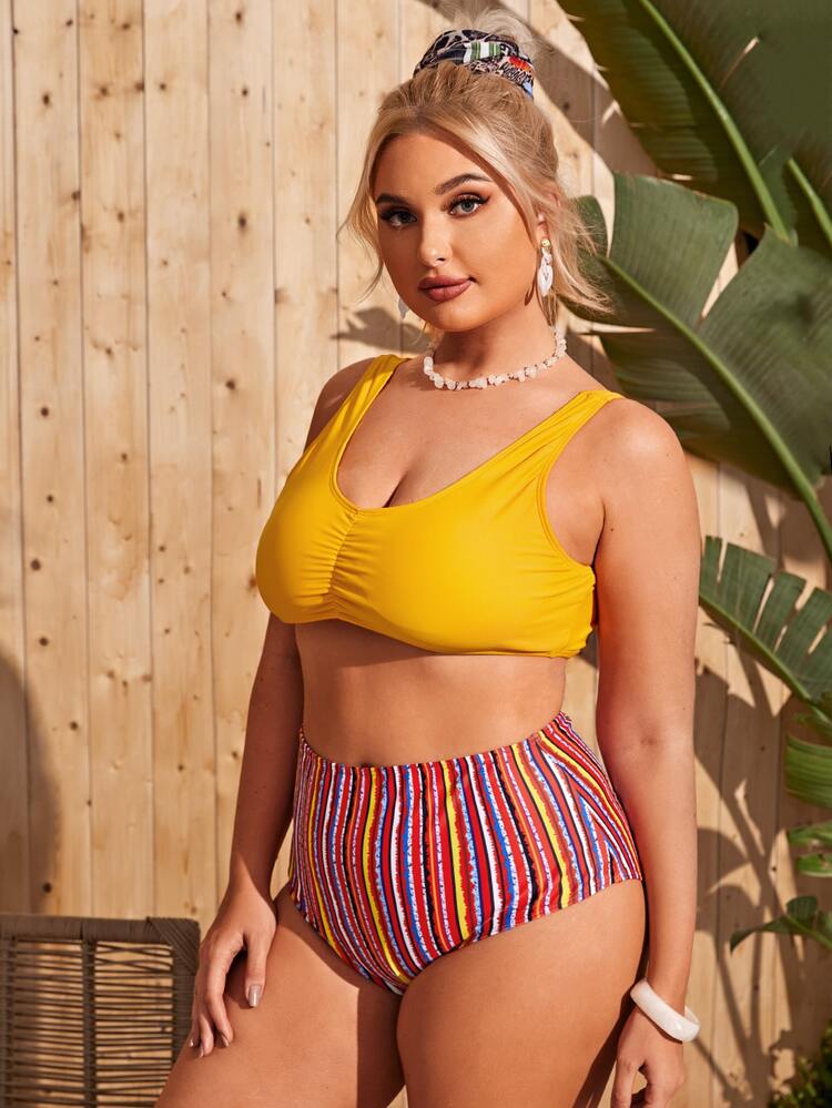 Plus Size Striped Ruched Bikini Set Summer Beach - Multicolor - View 4