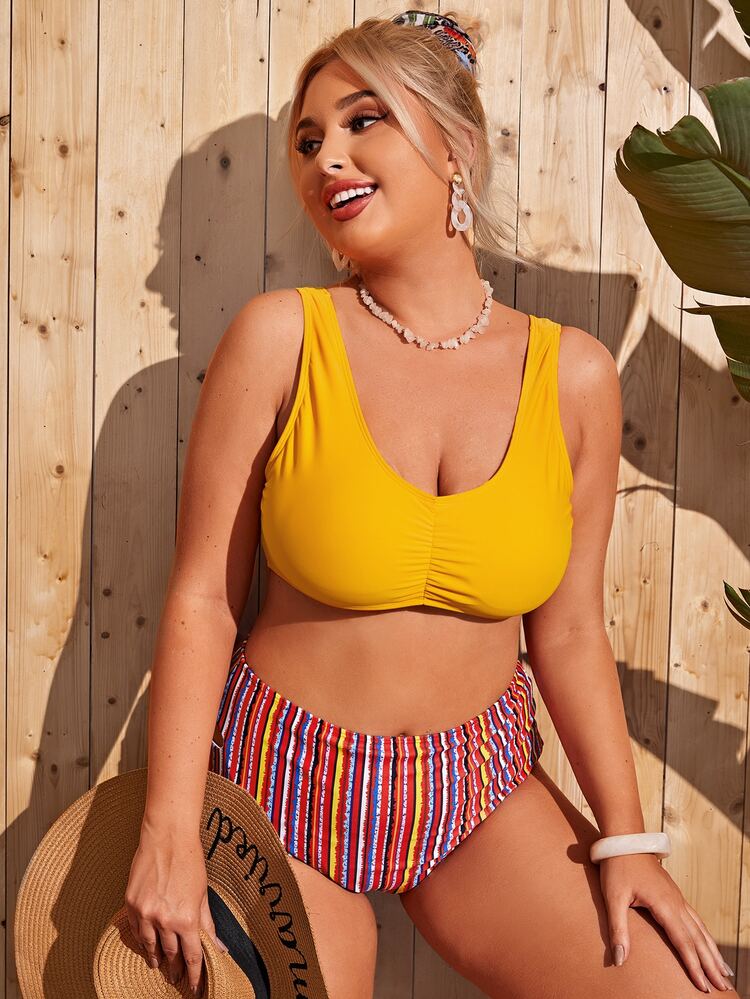 Plus Size Striped Ruched Bikini Set Summer Beach - Multicolor - View 5