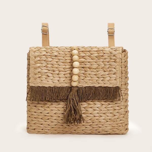 

Beaded Straw Flap Backpack, Brown