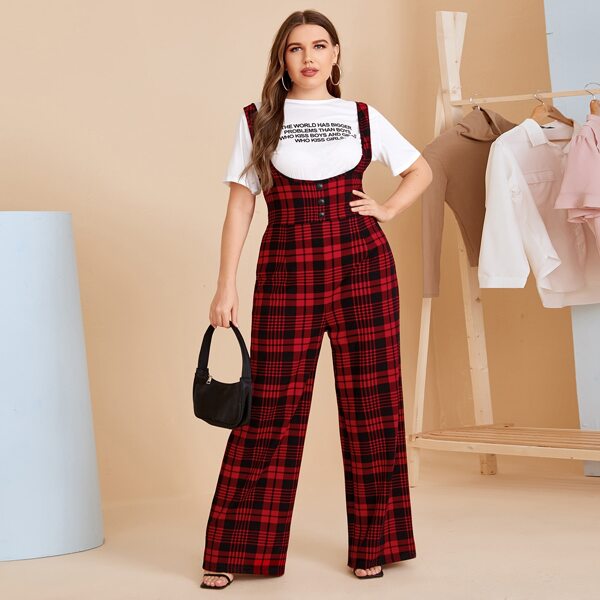 

Plus Button Front Plaid Pinafore Jumpsuit Without Top, Burgundy