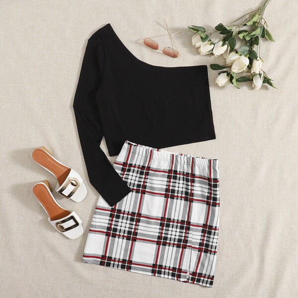 

Plus One Shoulder Crop Tee & Plaid Skirt Set, Multicolor