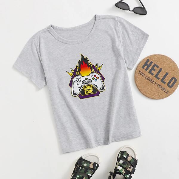 

Boys Game-pad And Fire Print Tee, Light grey