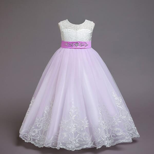 

Girls Embroidery Mesh Big Bow Back Gown Dress, Mauve purple