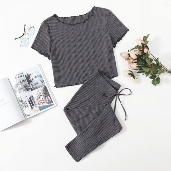 

Plus Lettuce Trim Waffle Knit Top & Leggings Set, Dark grey