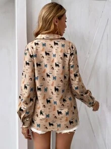 SHEIN Privé Cartoon Cat Print Button Up Shirt - Apricot - View 2