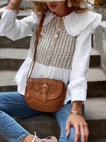 Contrast Plaid Statement Collar Blouse - Multicolor - View 1