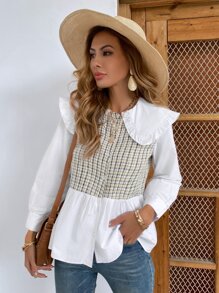 Contrast Plaid Statement Collar Blouse - Multicolor - View 3