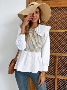 Contrast Plaid Statement Collar Blouse - Multicolor - View 4