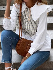 Contrast Plaid Statement Collar Blouse - Multicolor - View 6