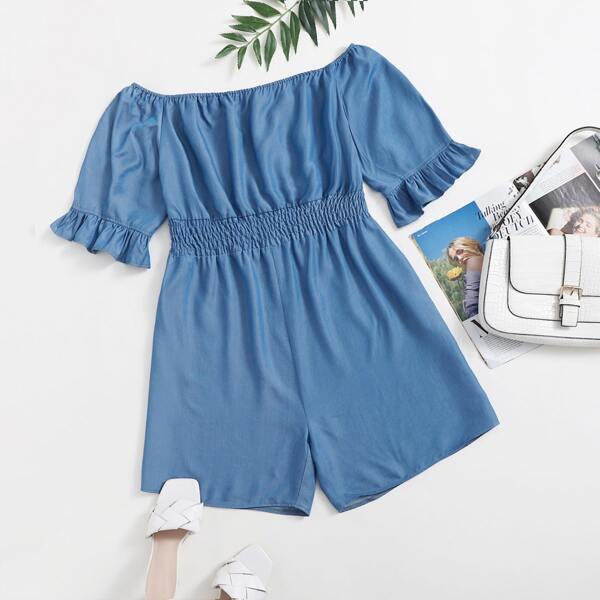 

Plus Bardot Shirred Waist Denim Romper, Medium wash