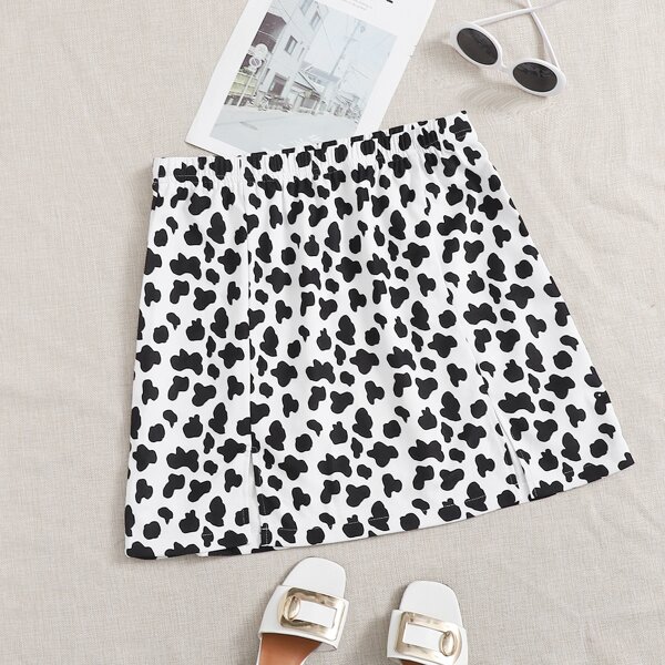 

Plus Cow Print Split Hem Skirt, Black and white