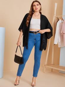 SHEIN LUNE Plus Laser Cut Scallop Hem Drop Shoulder Kimono - Black - View 3