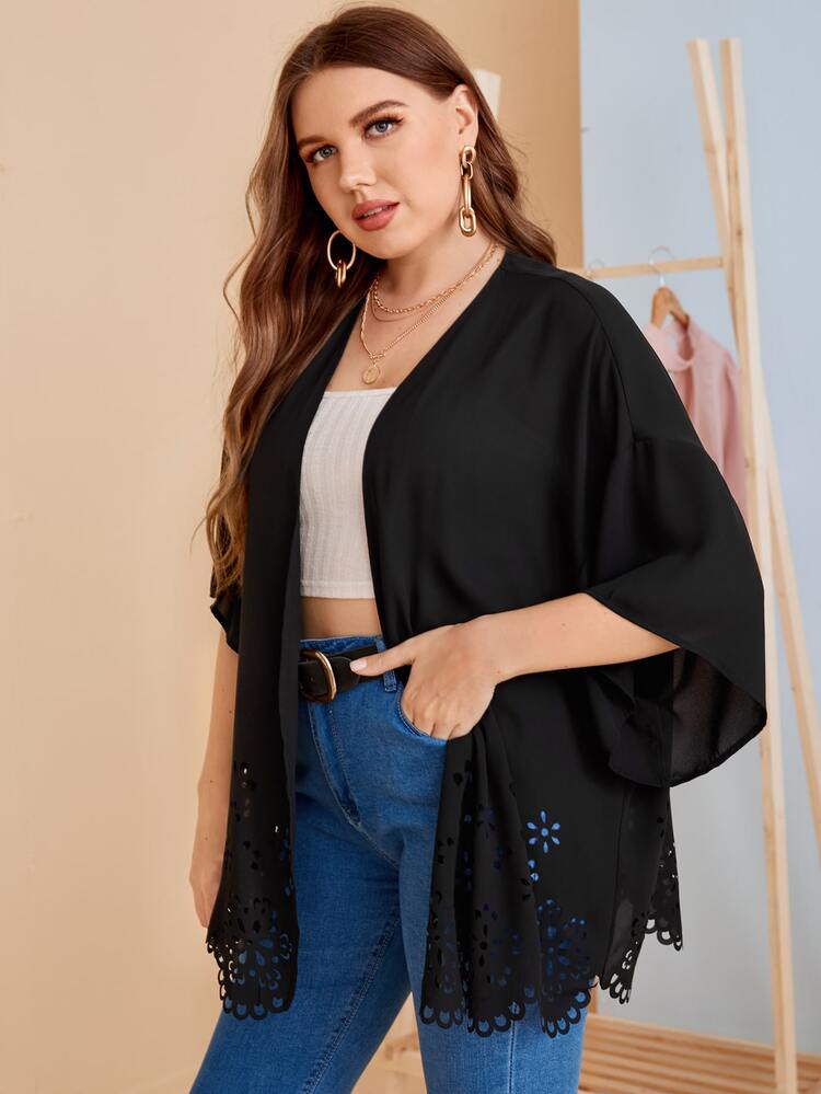 SHEIN LUNE Plus Laser Cut Scallop Hem Drop Shoulder Kimono - Black - View 4