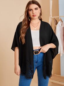 SHEIN LUNE Plus Laser Cut Scallop Hem Drop Shoulder Kimono - Black - View 5