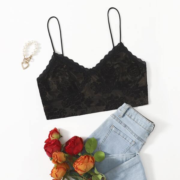 

Plus Lace Trim Jacquard Cami Top, Black
