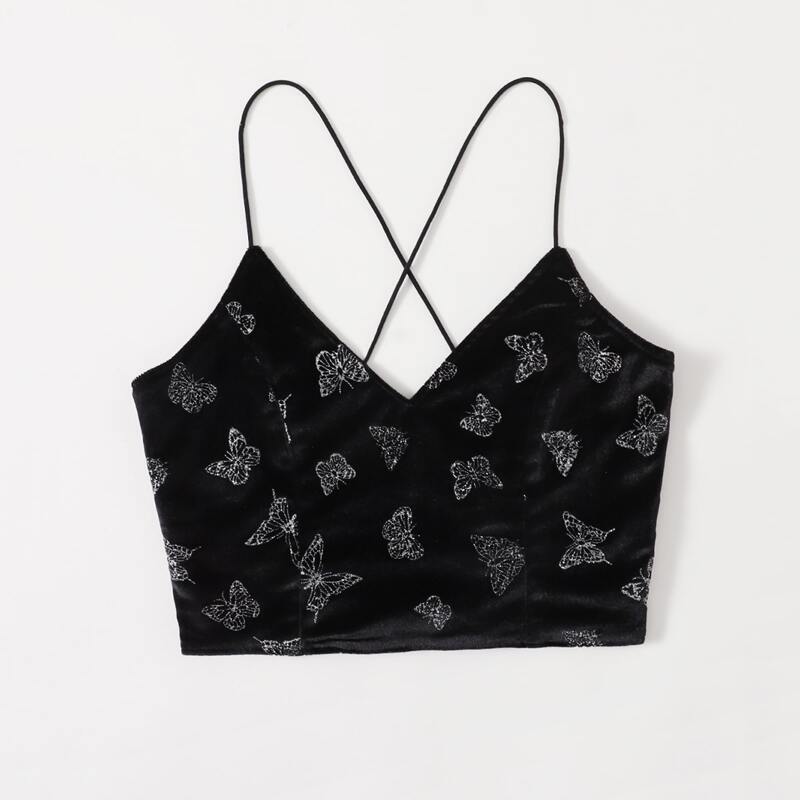 

Velvet Butterfly Graphic Lace Up Crop Cami, Black