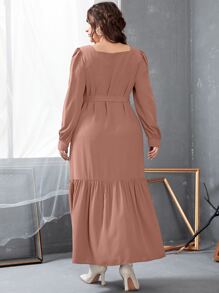 大碼方形領腰帶荷葉邊下擺連衣裙 - 藕粉色 - 查看 2