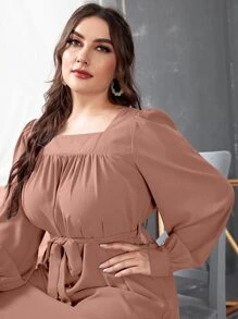 大碼方形領腰帶荷葉邊下擺連衣裙 - 藕粉色 - 查看 4