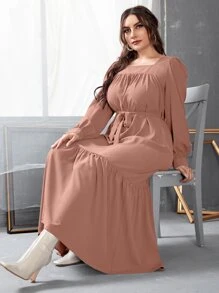 大碼方形領腰帶荷葉邊下擺連衣裙 - 藕粉色 - 查看 5