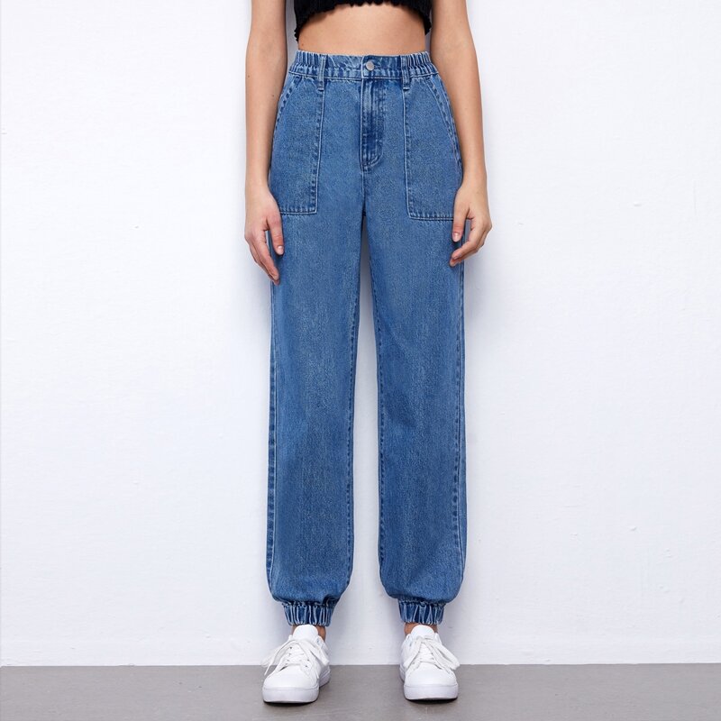 

Stone Wash High-Waisted Denim Jogger Jeans, Medium wash