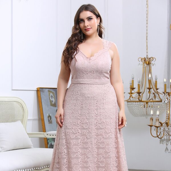 

Plus High Waist Lace Maxi Prom Dress, Pink