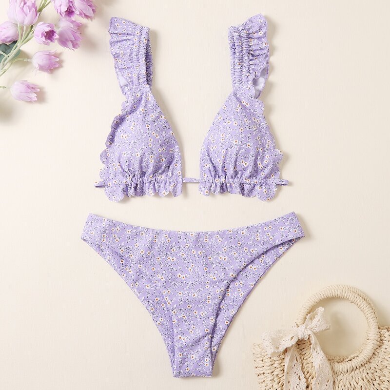 

Ditsy Floral Scallop Trim Triangle Bikini Swimsuit, Lilac purple