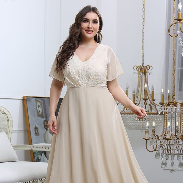 

Plus Chiffon V-neck Lace Panel Maxi Dress, Champagne