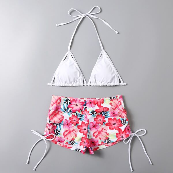 

Floral Print Triangle Shorts Bikini Swimsuit, Multicolor