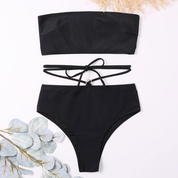 

Tie Front Bandeau Bikini Swimsuit, Black