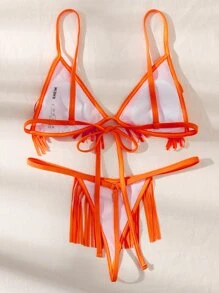 Fringe Trim Triangle Thong Bikini Set - Orange - View 2