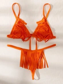 Fringe Trim Triangle Thong Bikini Set - Orange - View 3