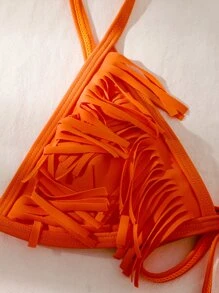 Fringe Trim Triangle Thong Bikini Set - Orange - View 4