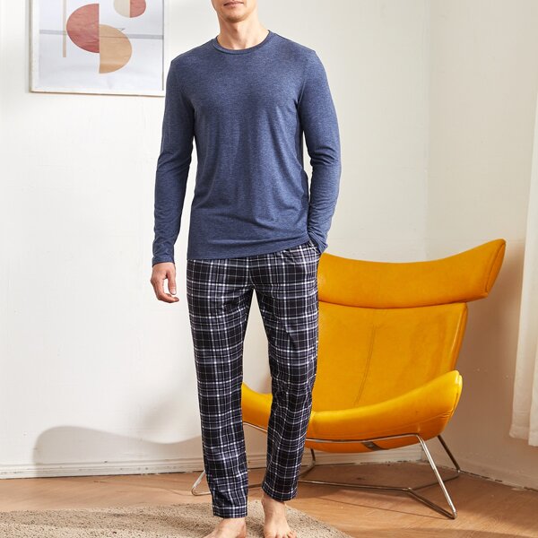 

Men Marled Knit Tee & Tartan Pants Lounge Set, Multicolor