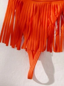 Fringe Trim Triangle Thong Bikini Set - Orange - View 5