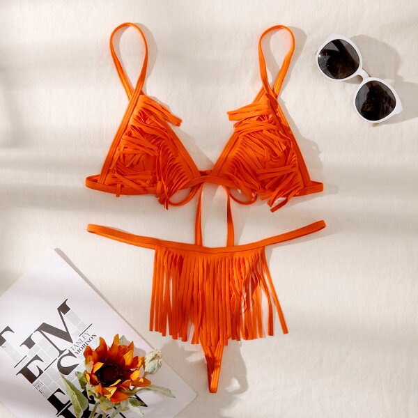 

Fringe Trim Triangle Thong Bikini Swimsuit, Orange
