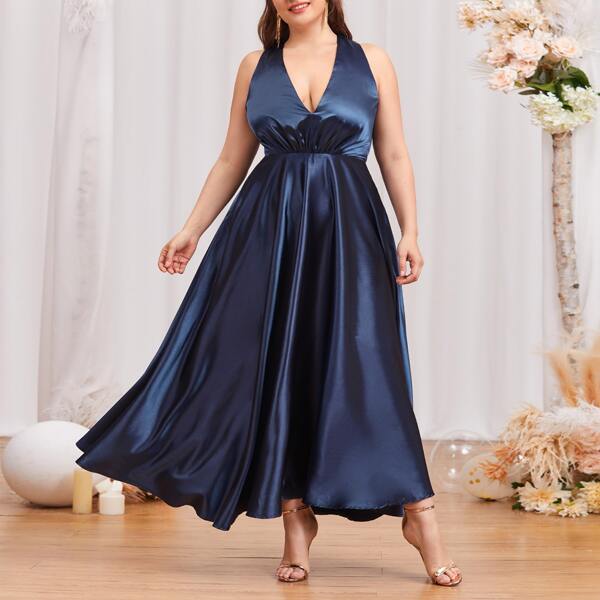 

Plus Satin Plunging Neck Maxi Dress, Navy blue
