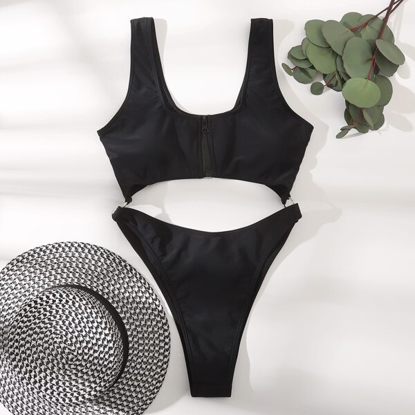 

Cut-out Zip Front One Piece Swimsuit, Black