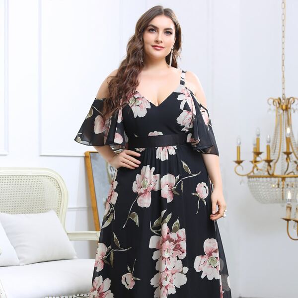 

Plus Floral Print Cold Shoulder Dress, Multicolor