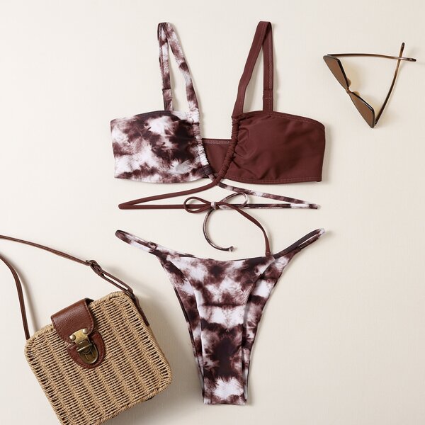 

Tie Dye Crisscross Thong Bikini Swimsuit, Rust brown