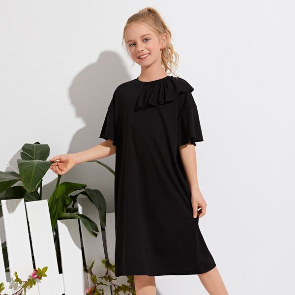 

Girls Solid Ruffle Trim Tee Dress, Black