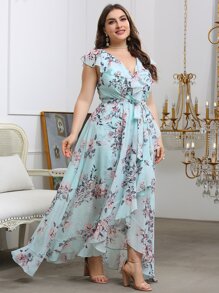 SHEIN Belle Talla grande Vestido de dama de honor con estampado floral ribete con fruncido con cinturón - Celeste - Ver 5